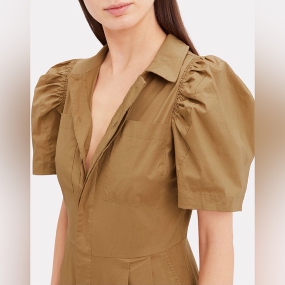 SEA Sienna Puff-Sleeve Stretch-Cotton Jumpsuit Tan Sz 4 - Picture 2 of 16